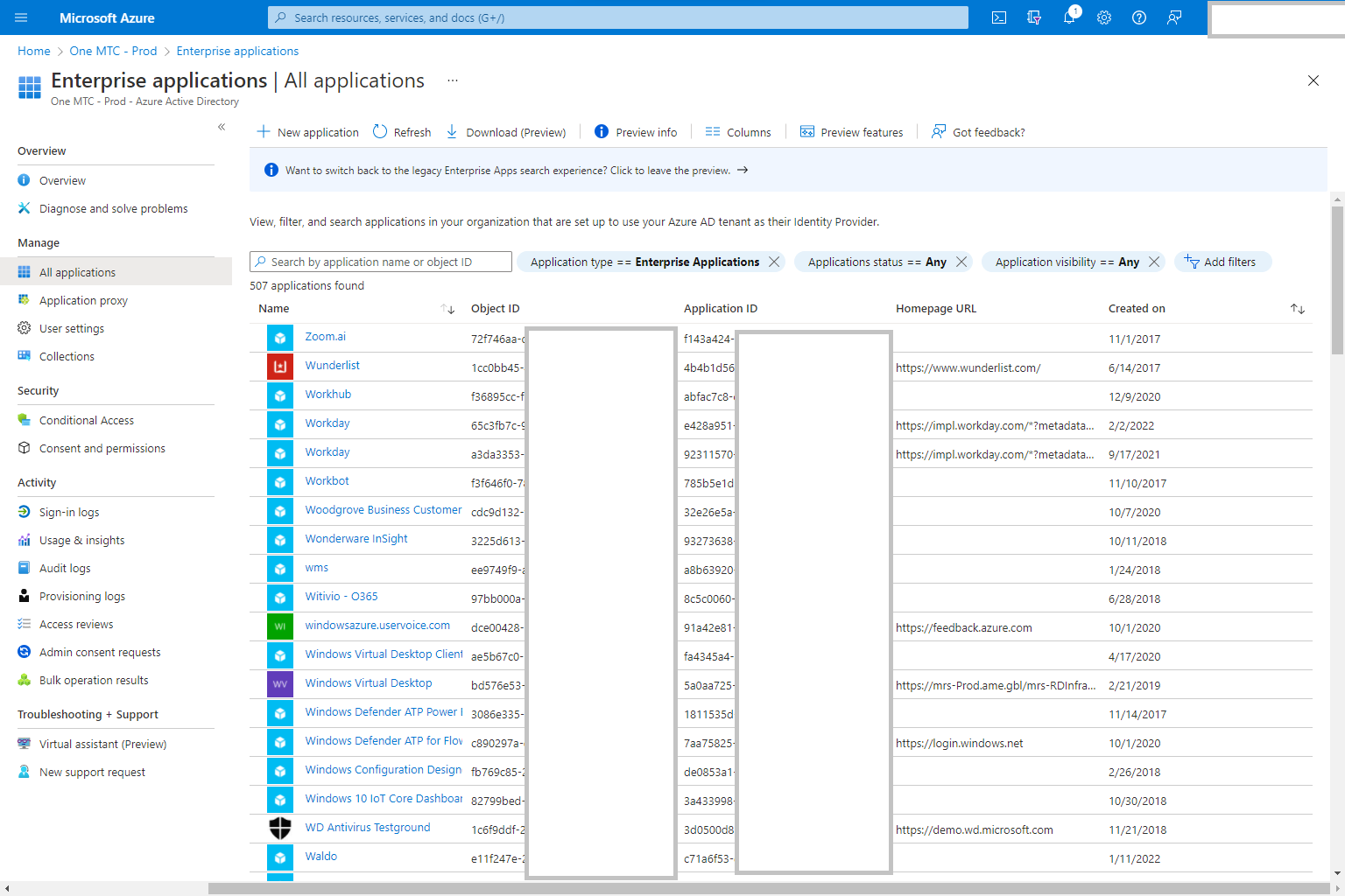 Screen shot of Active Directory Enterprise Applications