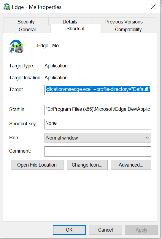 Image of shortcut properties