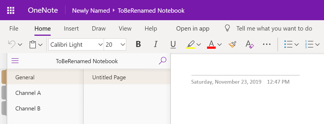 Screenshot of OneNote showing the name of the notebook