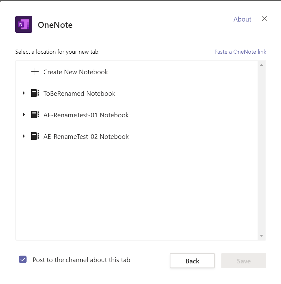 Screenshot of the dialogue for adding a OneNote tab without a notebook flagged as default
