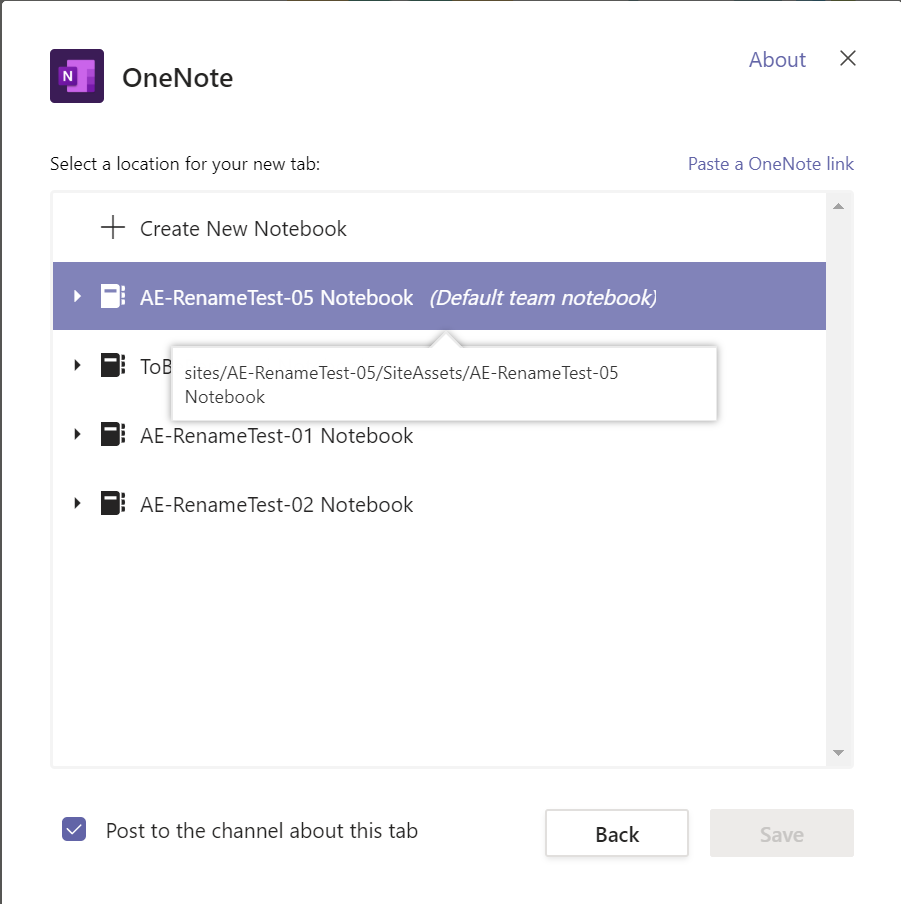 Screenshot of the dialogue for adding a OneNote tab with a notebook flagged as default