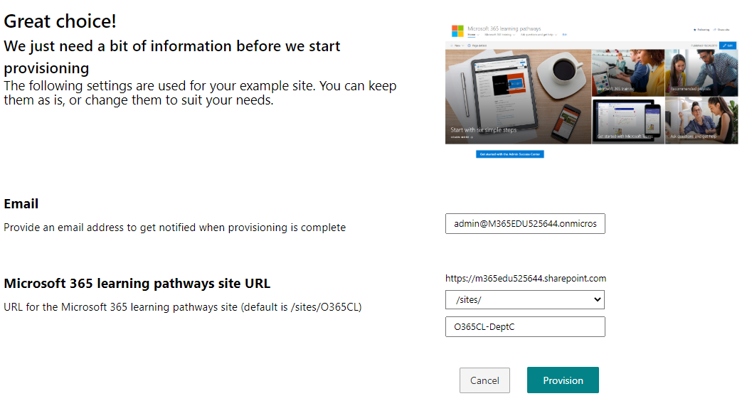 Screen shot to the form to fill in beofe provisioning a site