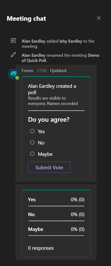 Screen shot of a meeting poll published to a chat