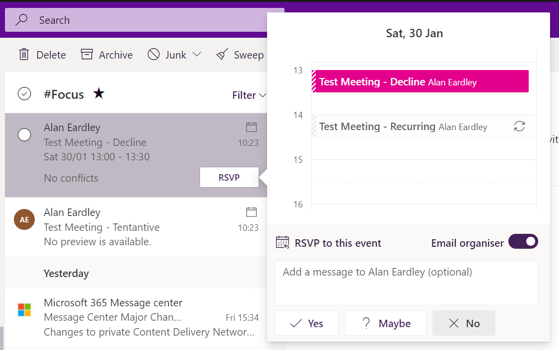 Image showing RSVP pane for a meeting invite