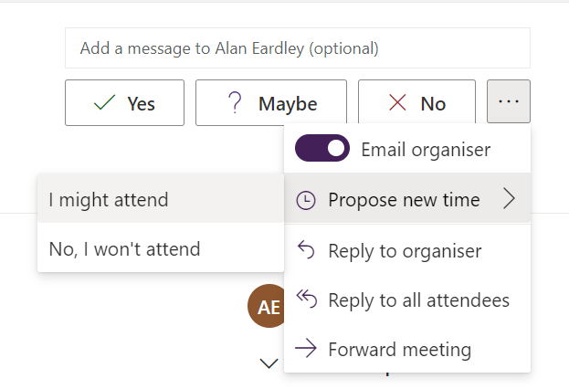 Image showing meeting details pane with propose new time selected