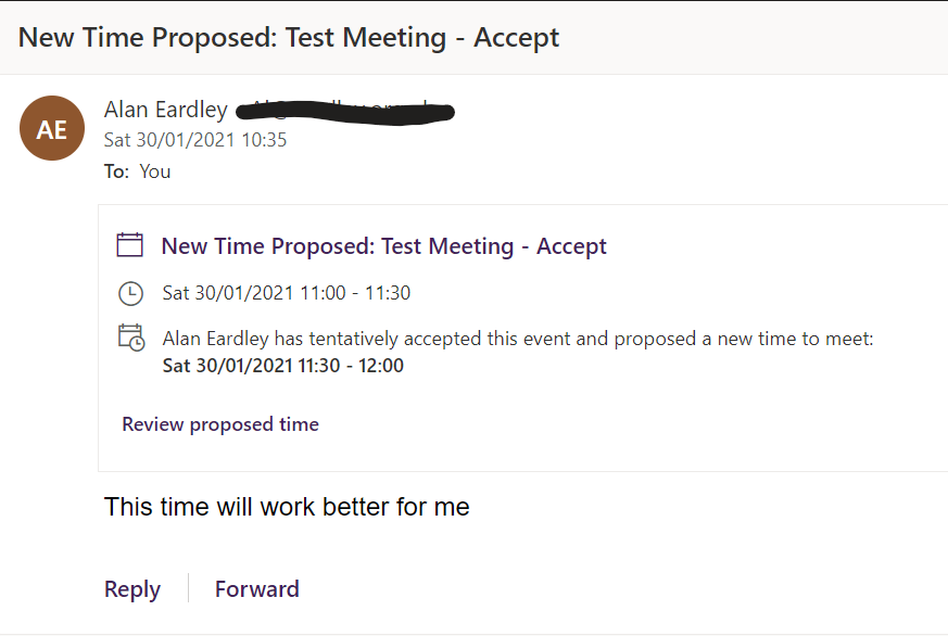Image showing email received by meeting organiser