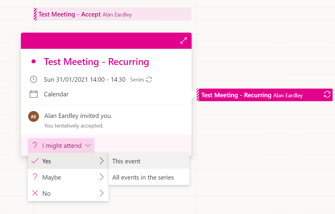 Image showing a meeting in the calendar view with the alternate responses displayed