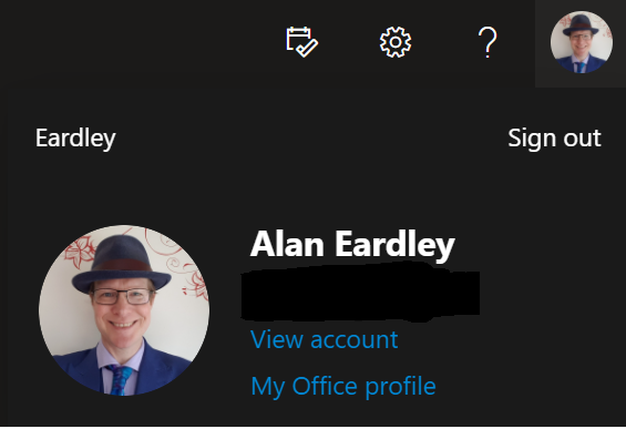 Account options when clicking in top right corner