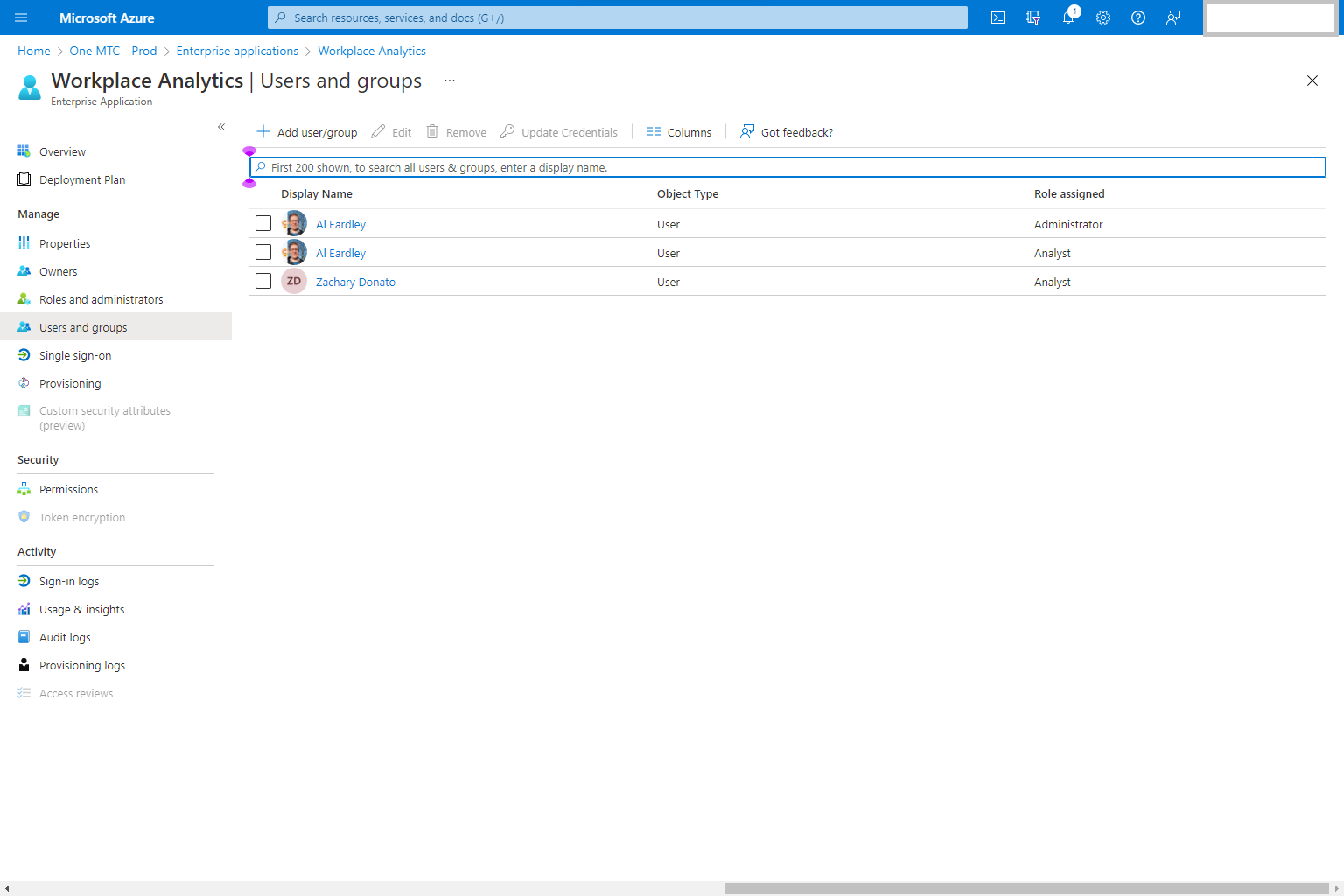Screen shot of Workplace Analytics Assign users and groups