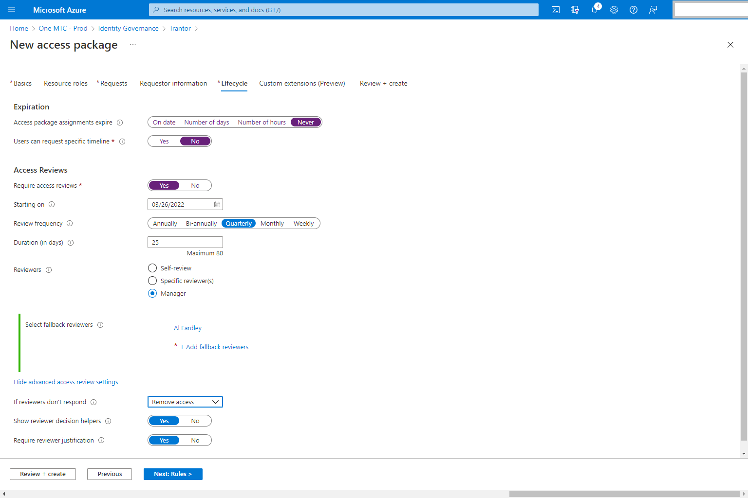 Screen shot of new Access Packages - Lifecycle